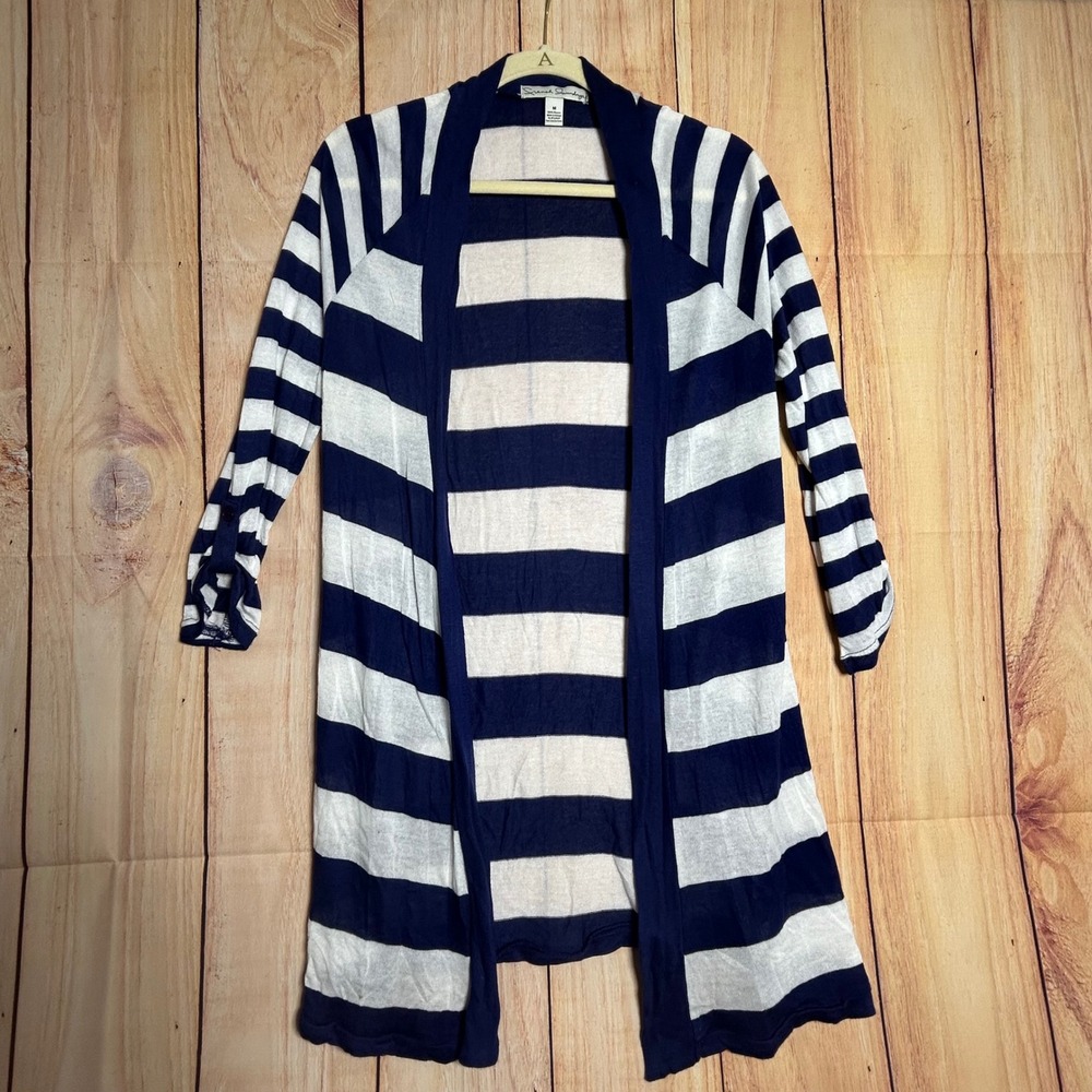 French Laundry Cardigan Women Medium Navy Blue Striped Open Front Coastal Preppy